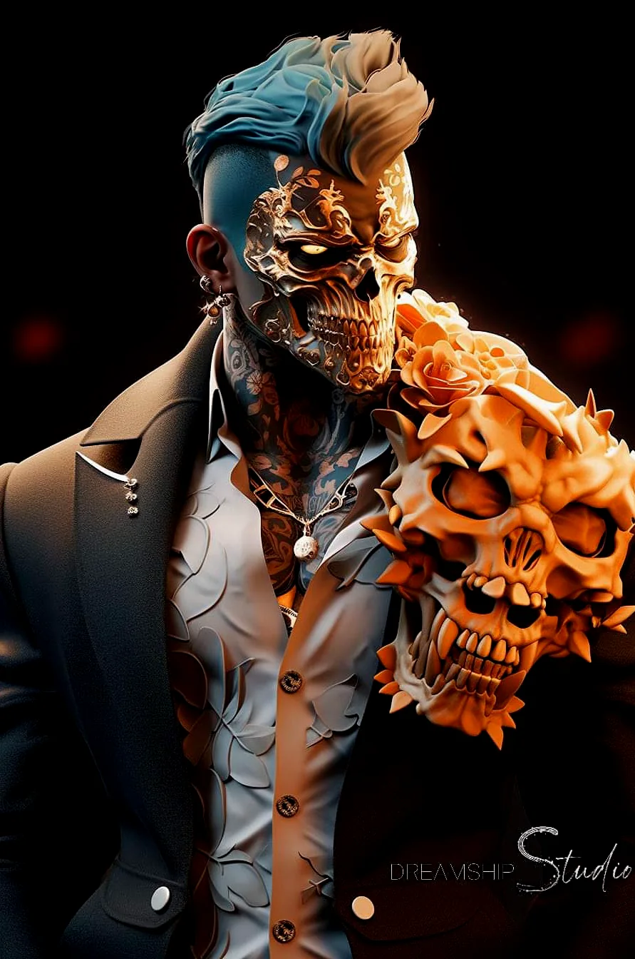 The Cryptowraith: a skull-faced figure with swept blue hair, a charcoal suit and an amber skull on one shoulder